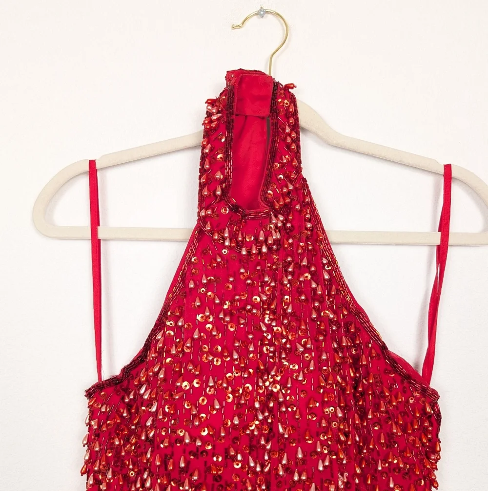 Vintage Alyce Designs Red Beaded Halter Slit Formal Gown Size 10 - Picture 4 of 8